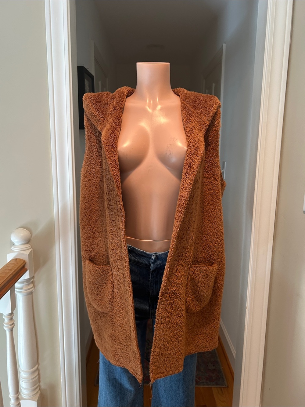 Sleeveless Hooded Sherpa Vest in Rust Brown